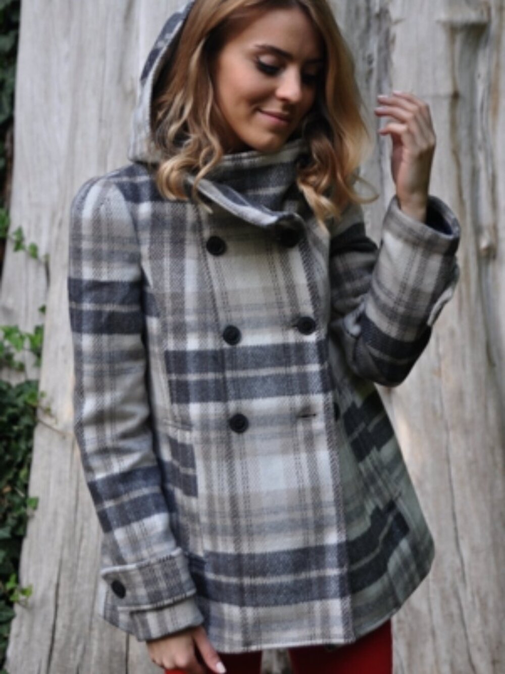 Zara Plaid Hooded Double-Breasted Coat size S